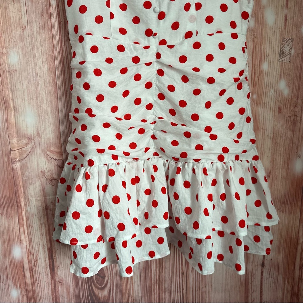 Endless Rose White Retro Style Red Polka Dot Ruffle Hem Ruched Mini Dress Size M - Picture 7 of 16